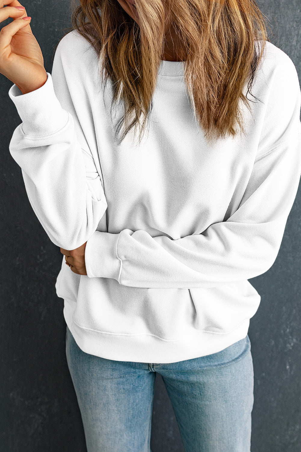 Beige Solid Classic Crewneck Pullover Sweatshirt eAura