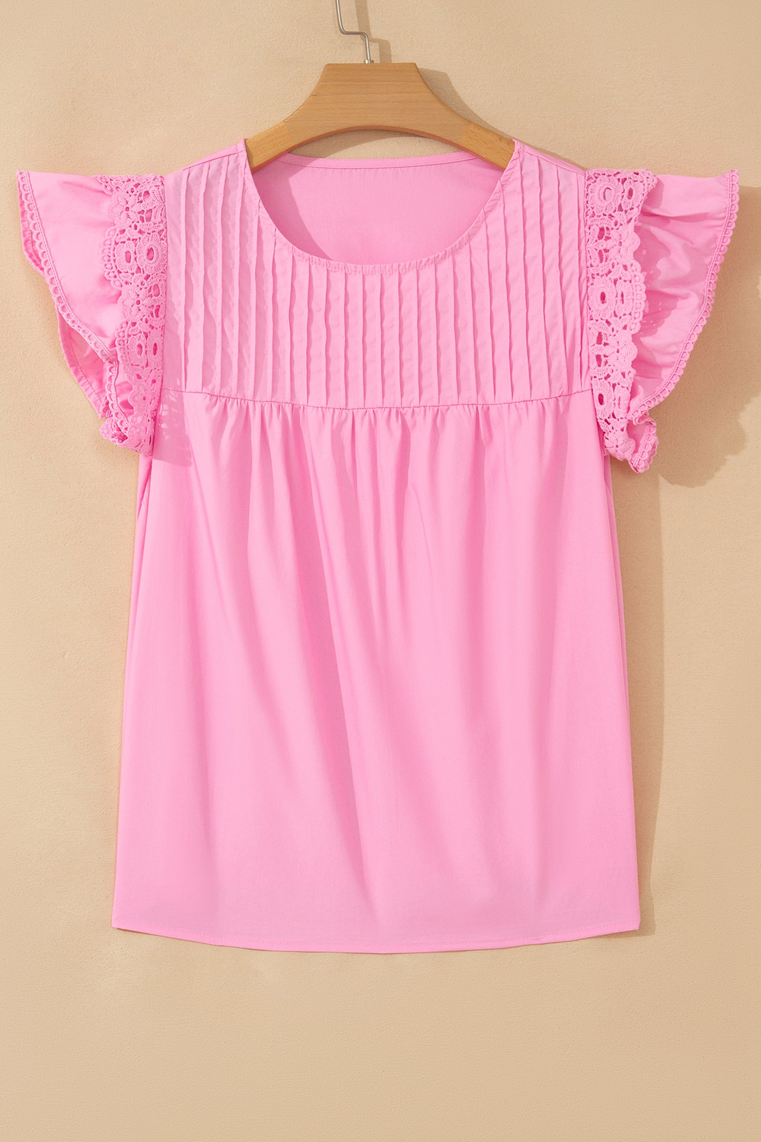 Bonbon Lace Detail Flutter Sleeve Pleated Round Neck Blouse – Pink