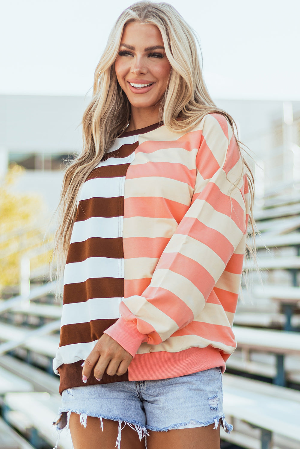 Brown Stripe Colour Block Drop Shoulder Pullover Sweatshirt eAura
