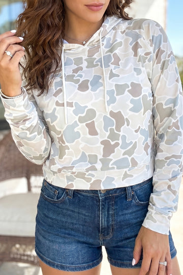 Camouflage Print Relaxed Drawstring Hoodie – Beige