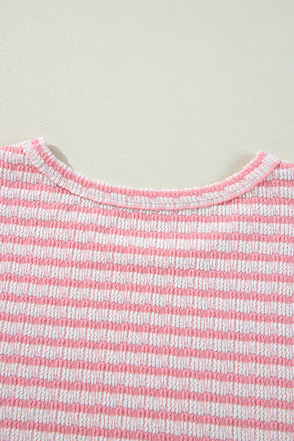 Pink Stripe Textured Puff Sleeve Crewneck Top eAura