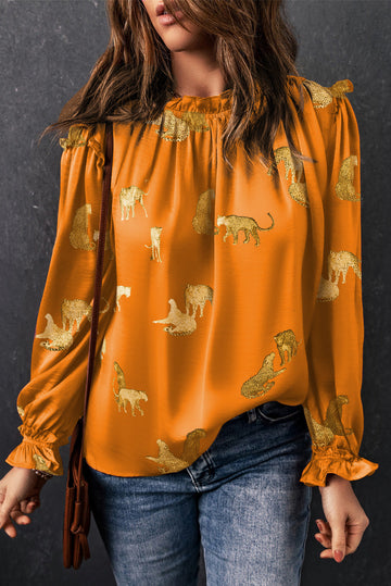 Orange Cheetah Printed Ruffled Sleeve Blouse BB Fashion Outlet