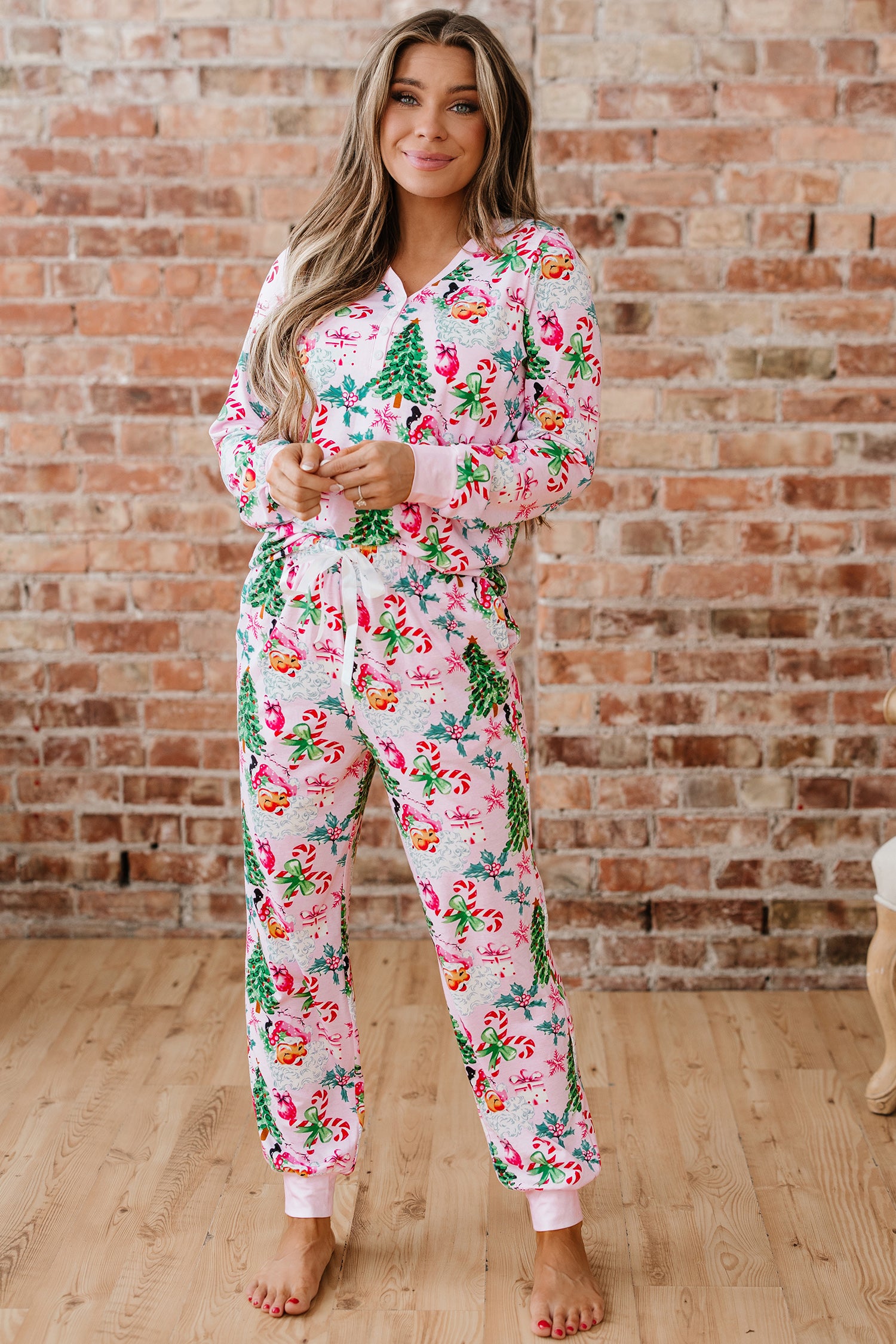 White Christmas Pattern Button V-Neck Pyjamas