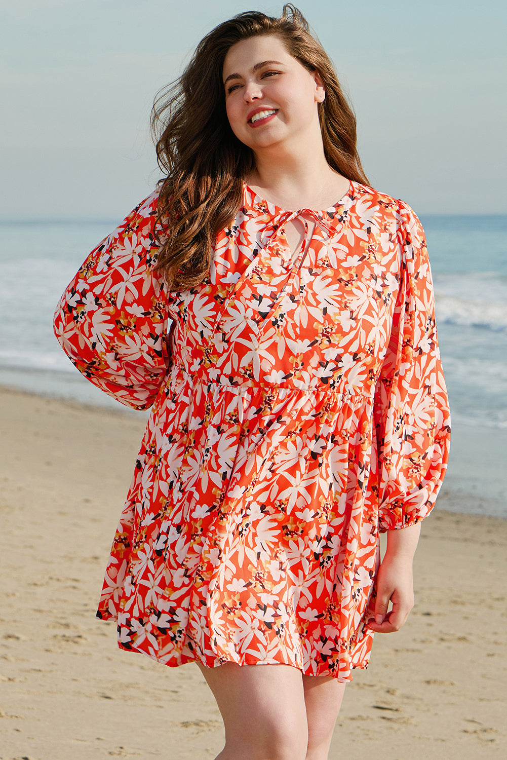 Orange Floral Print Split V Neck Bubble Sleeve Plus Size Midi Dress BB Fashion Outlet