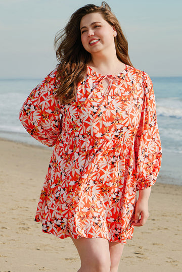 Orange Floral Print Split V Neck Bubble Sleeve Plus Size Midi Dress BB Fashion Outlet
