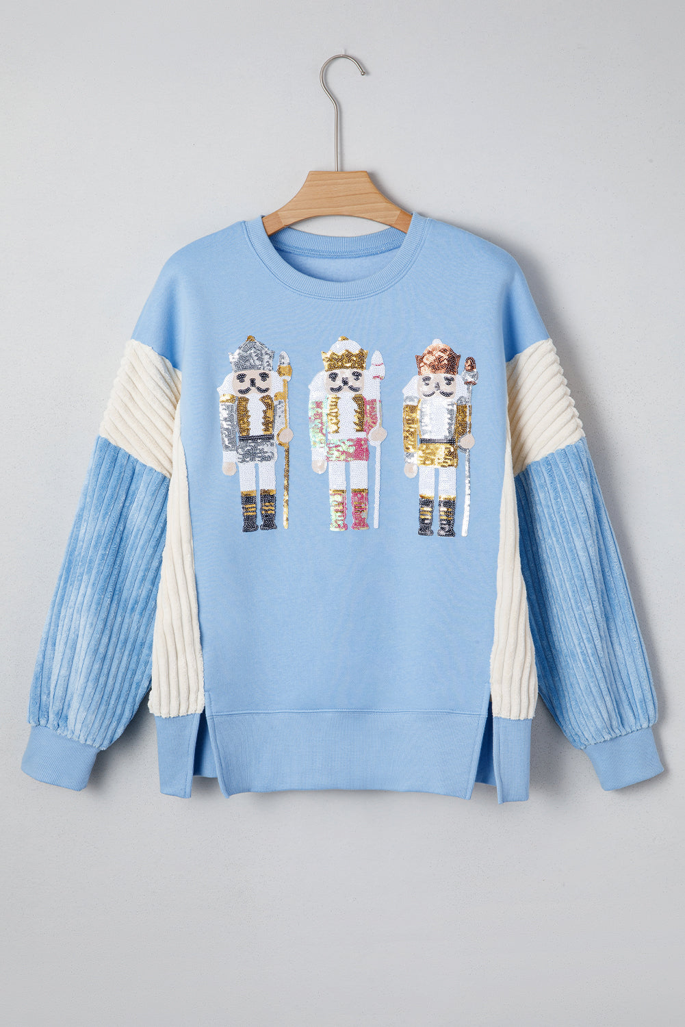 Sequin Nutcracker Textured Sleeve Patchwork Sweatshirt eAura