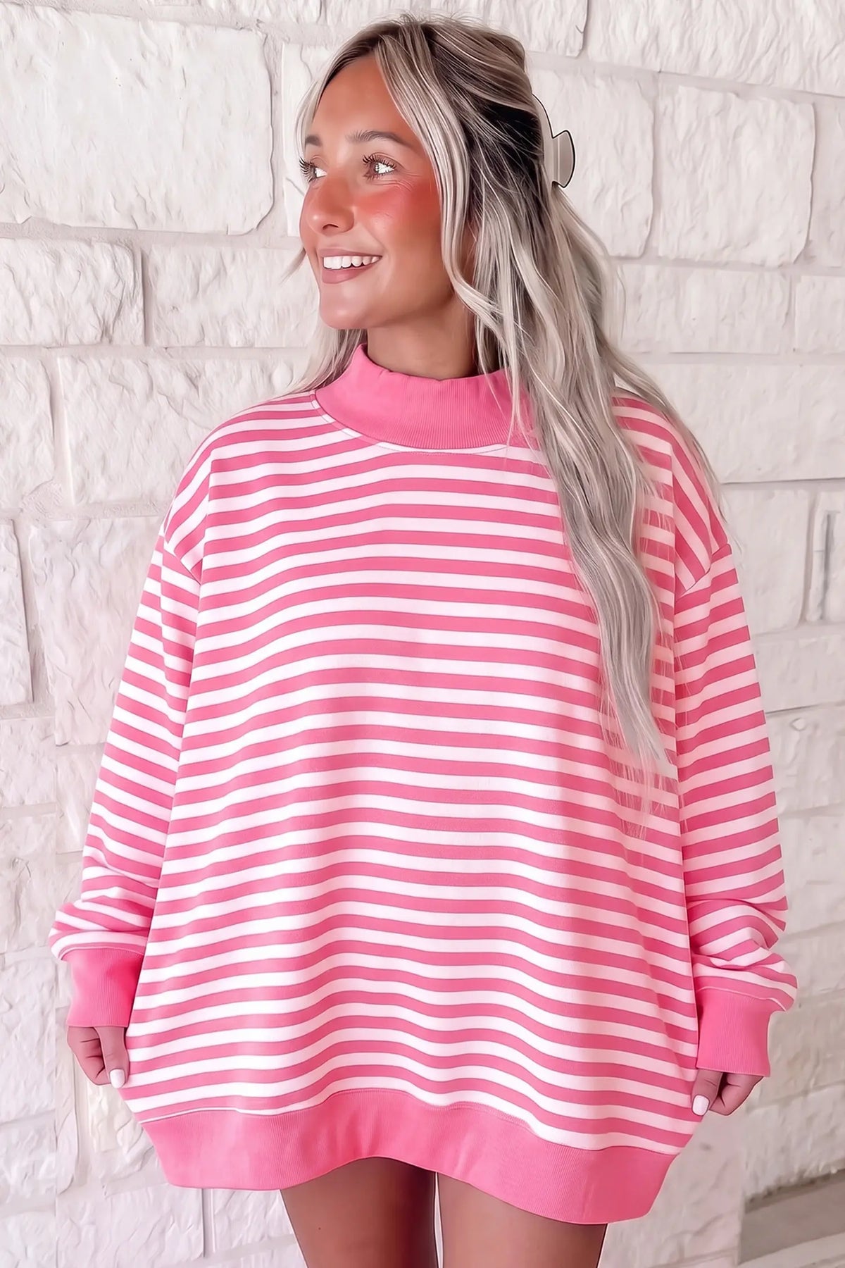 Gray Stripe Cozy Mock Neck Oversized Tunic Sweatshirt