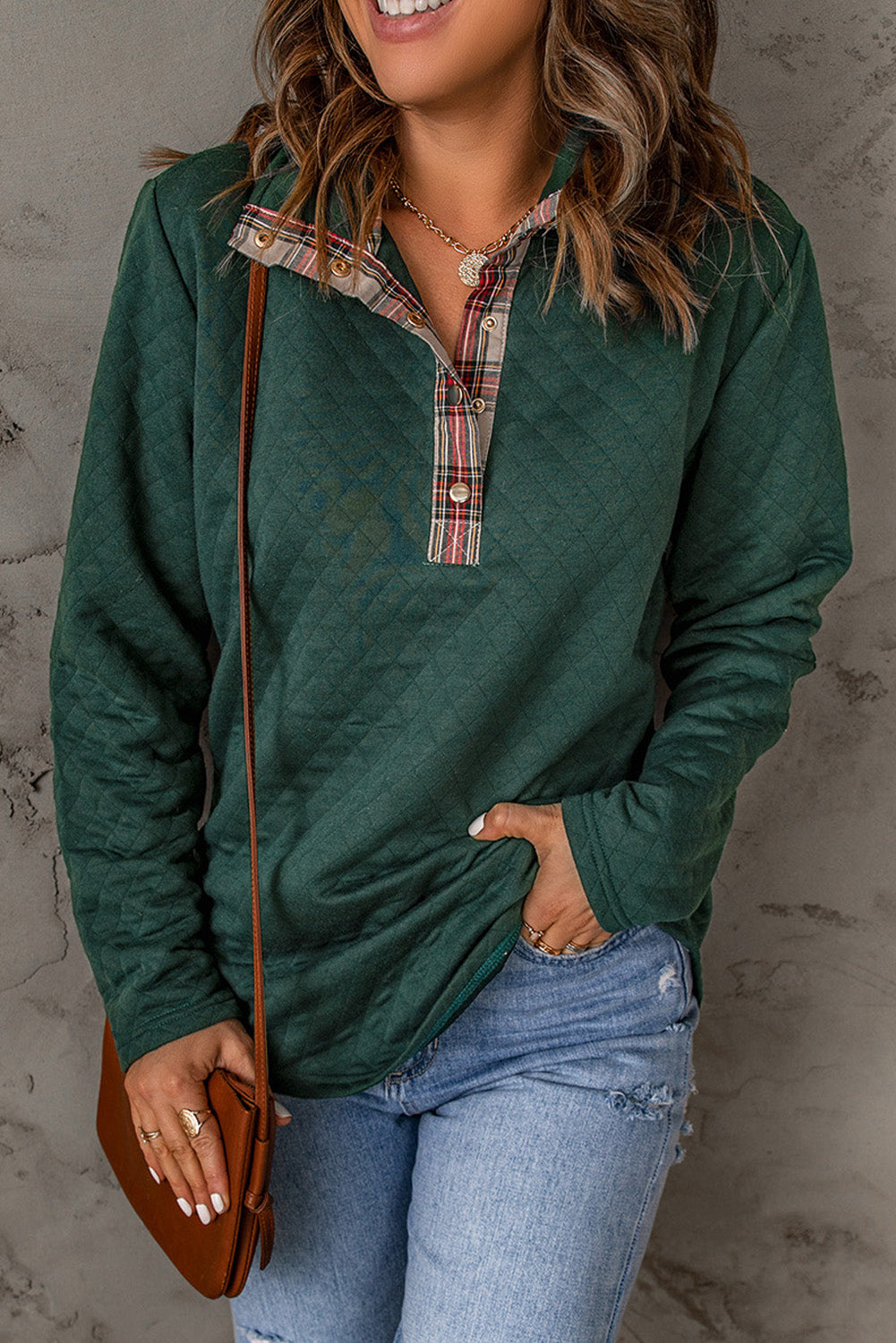 Green Geometric Texture Plaid Trim Sweatshirt eAura