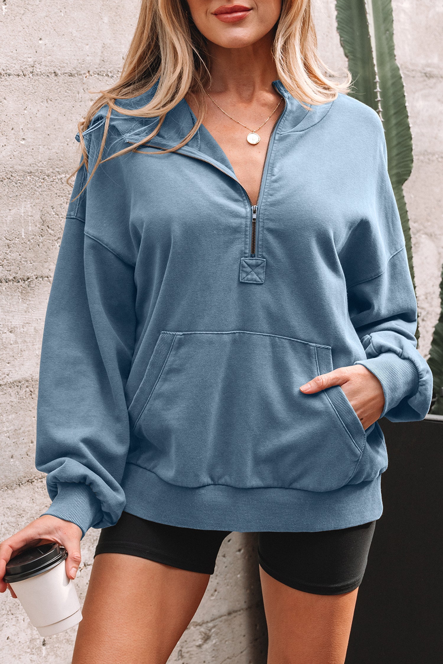 Half Zip Kangaroo Pocket Mineral Wash Baggy Hoodie - Tops/Sweatshirts & Hoodies