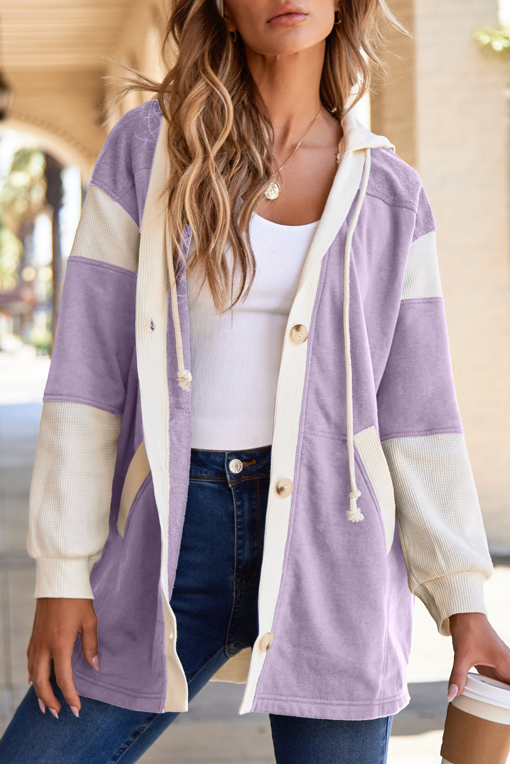 Waffle Button Front Oversize Hoodie - eAura