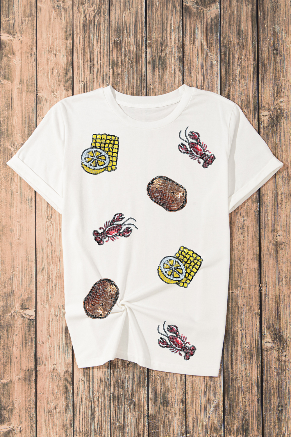 White Sequin Crawfish Potato Lemon Corn Graphic Crewneck T Shirt eAura