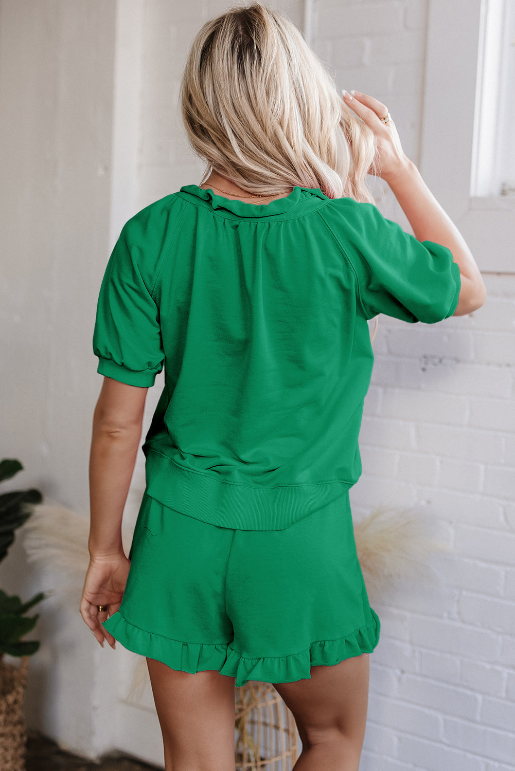 Sea Green Half Zip Puff Sleeve Top and Ruffled Shorts Set eAura