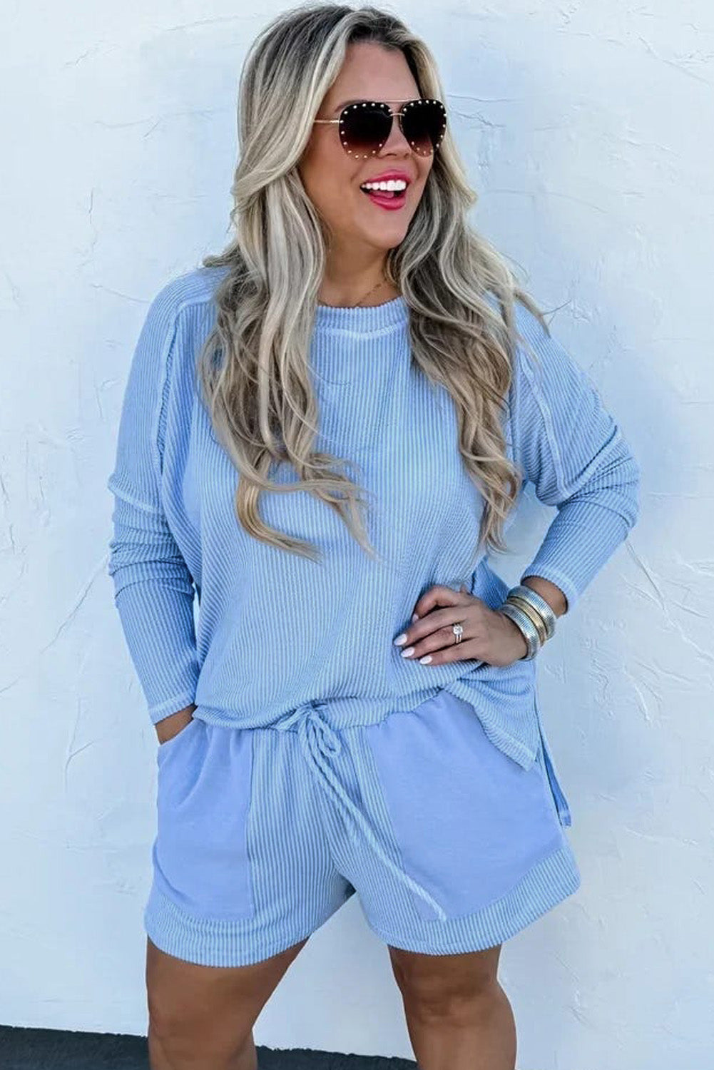 Light Blue Plus Size Ribbed Long Sleeve Top and Drawstring Shorts Set BB Fashion Outlet