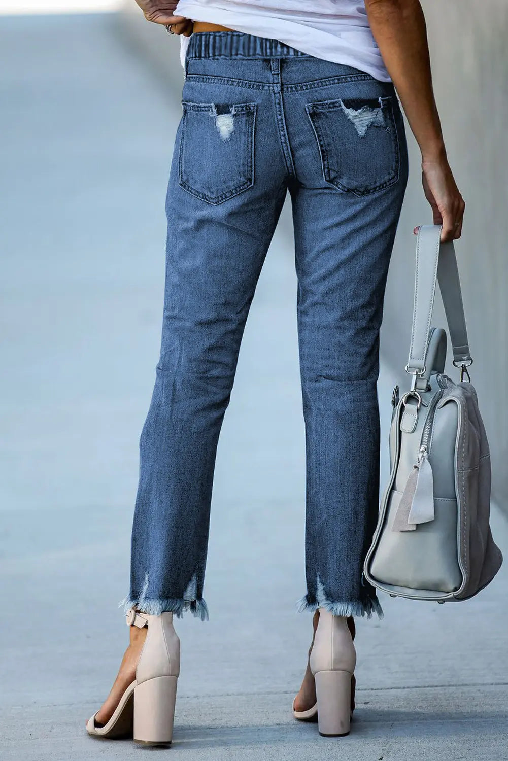 Elastic Waist Straight Leg Destroyed Raw Hem Jeans – Dark Blue