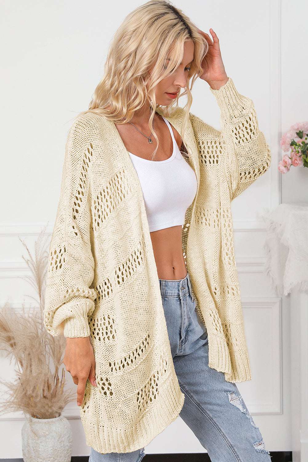 Apricot Casual Hollowed Knit Dolman Sleeve Cardigan eAura