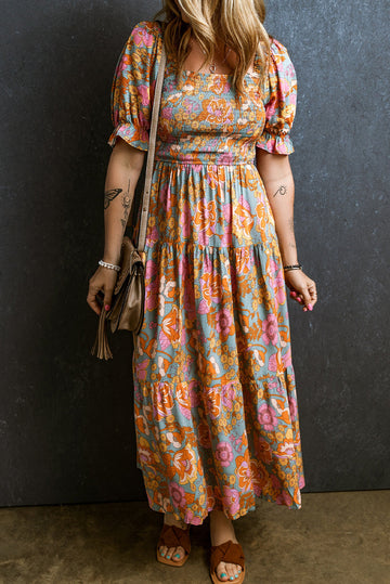 Yellow Smocked Bodice High Waist Puff Sleeve Floral Dress BB Fashion Outlet