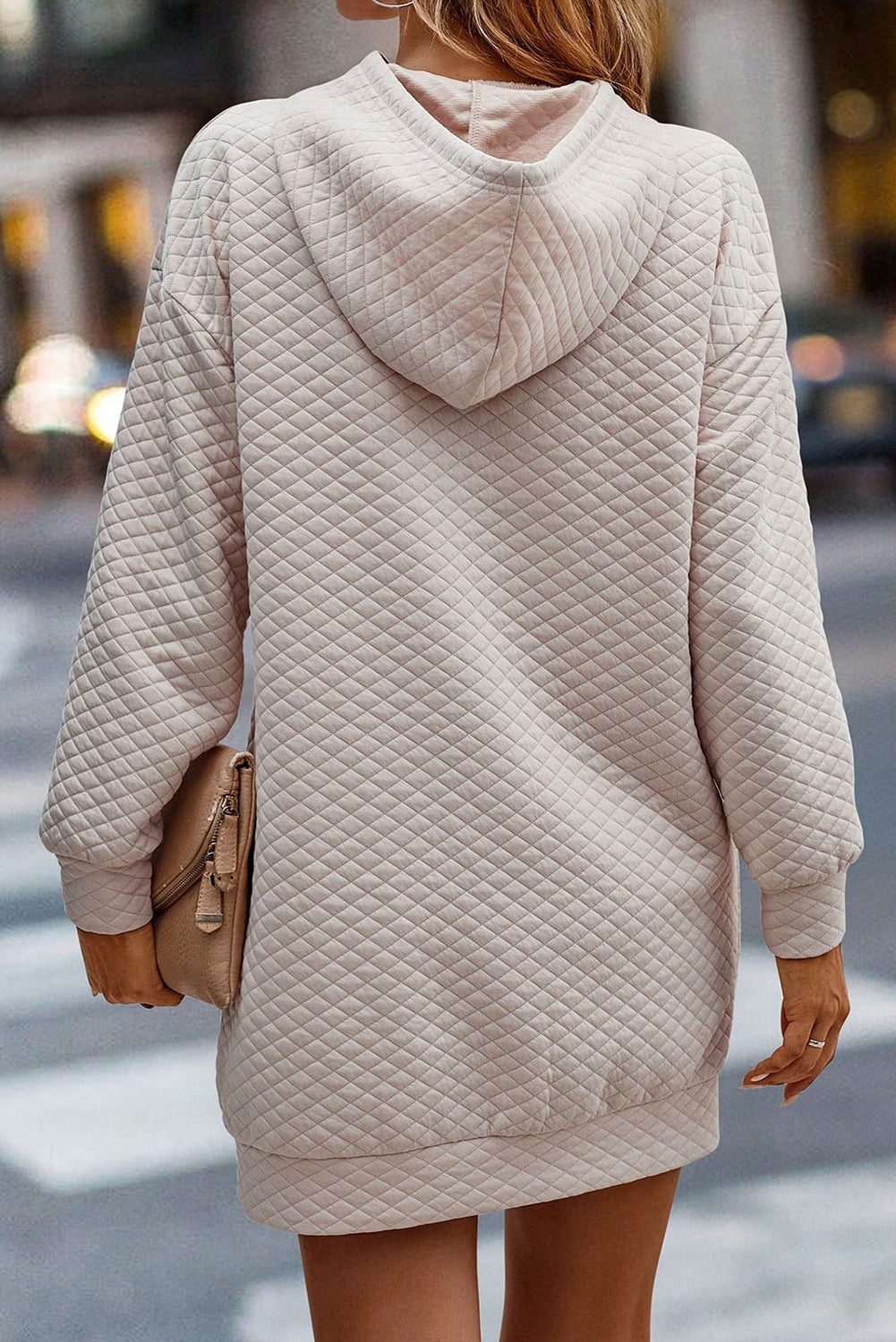 Parchment Drawstring Kangaroo Pocket Quilted Hooded Dress eAura