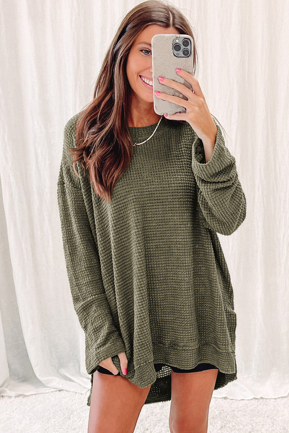 Khaki Waffle Knit High Slits Oversized Top - eAura