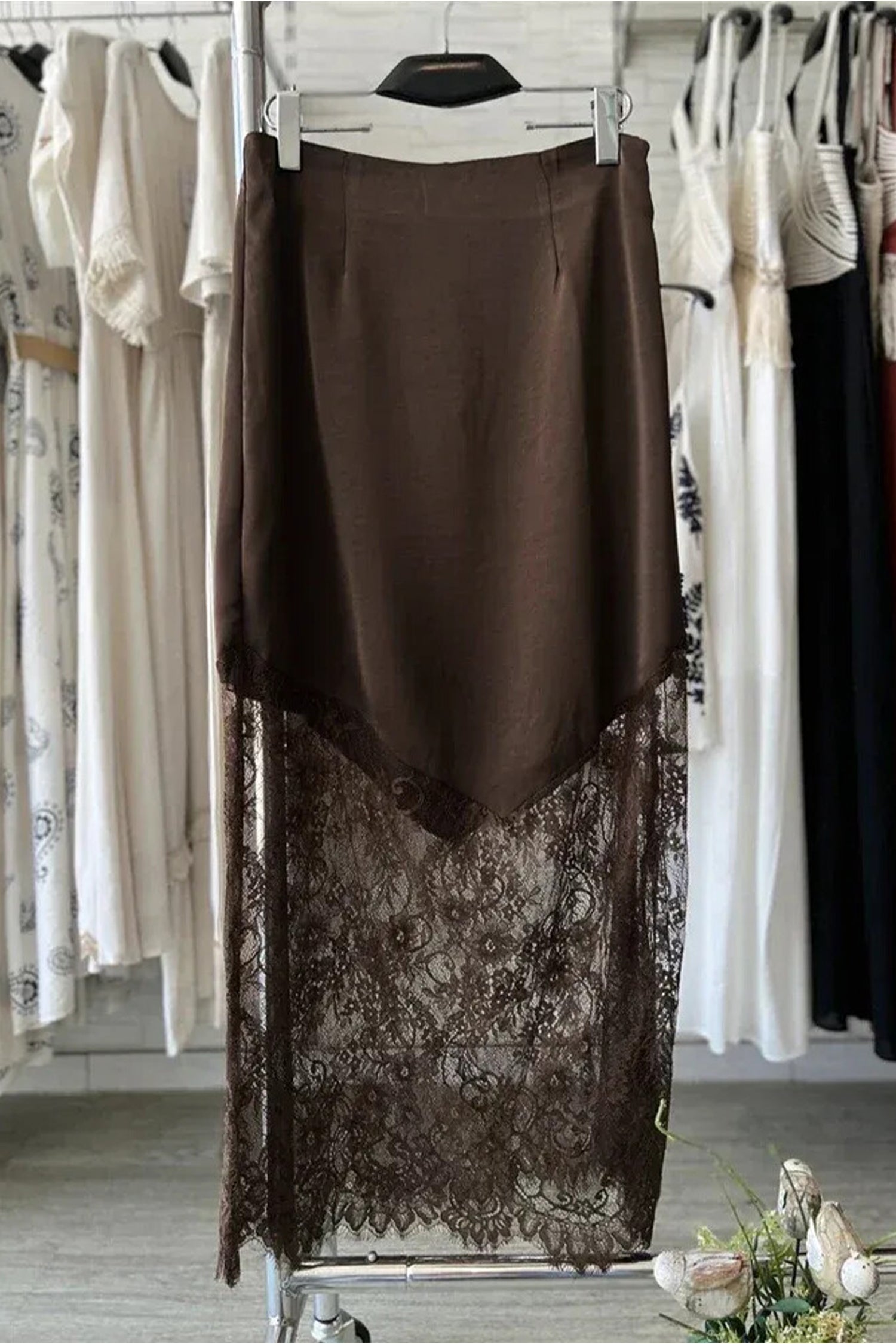 Lace Patchwork Hem Long Casual Shift Skirt – Dark Brown