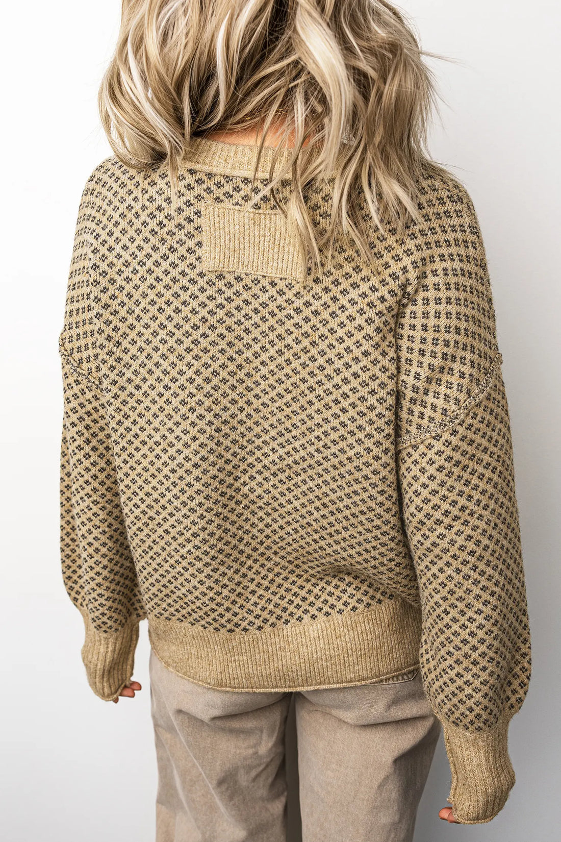 Geometric Print Drop Shoulder Round Neck Long Sleeve Sweater – Khaki