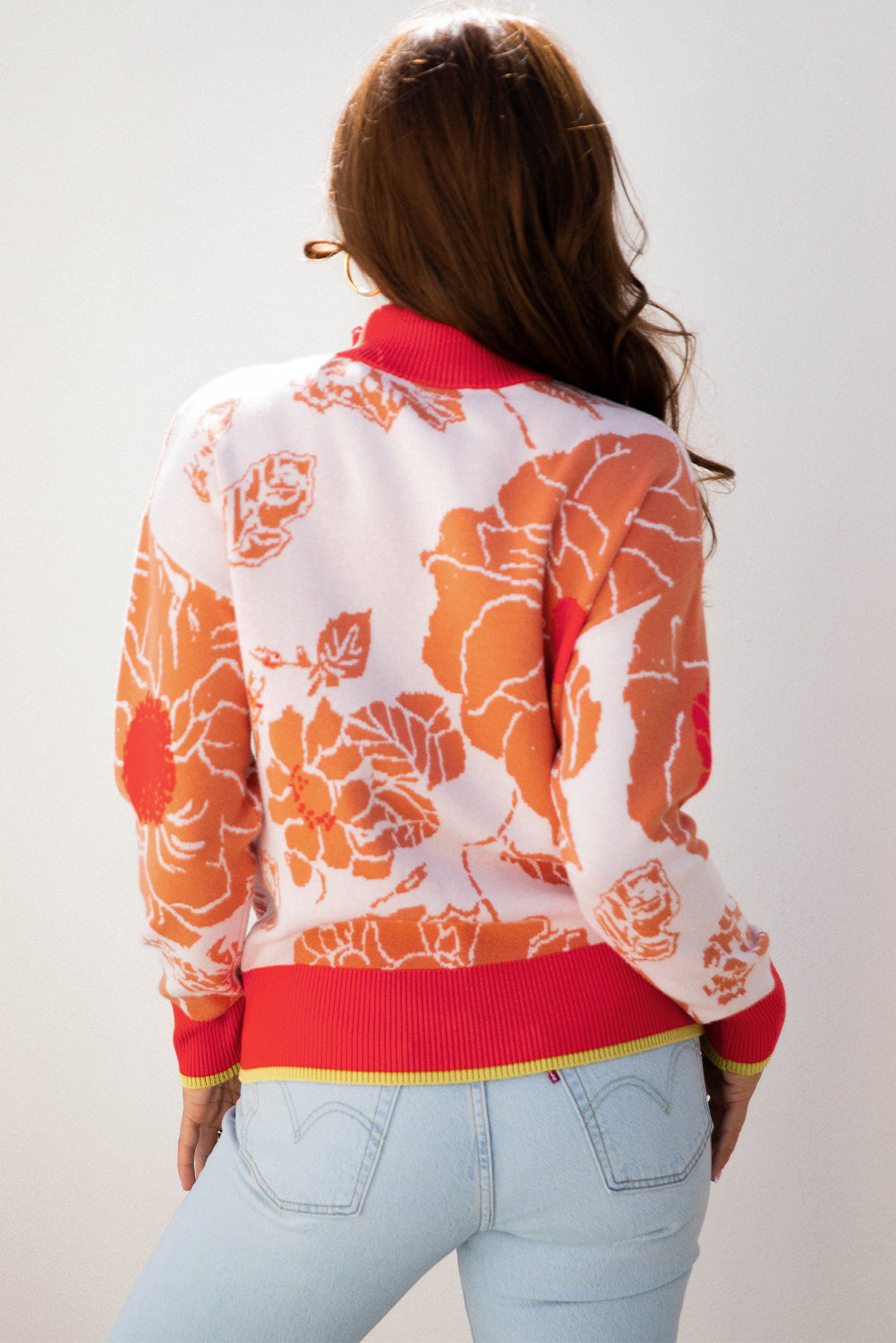Floral Half Zip Collared Pullover Sweater - eAura