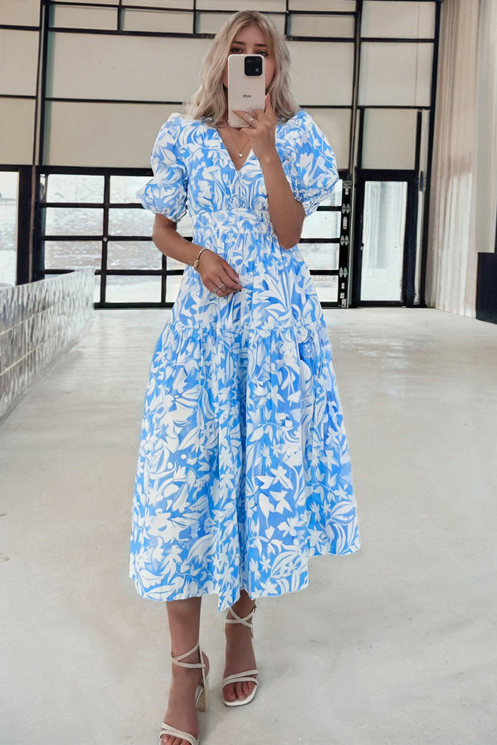 Sky Blue Floral V Neck Puff Short Sleeve Flowy Long Dress eAura