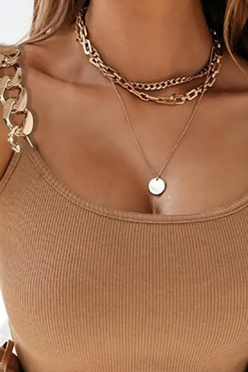 Brown Gold Chain Straps Rib Knit Tank Top BB Fashion Outlet