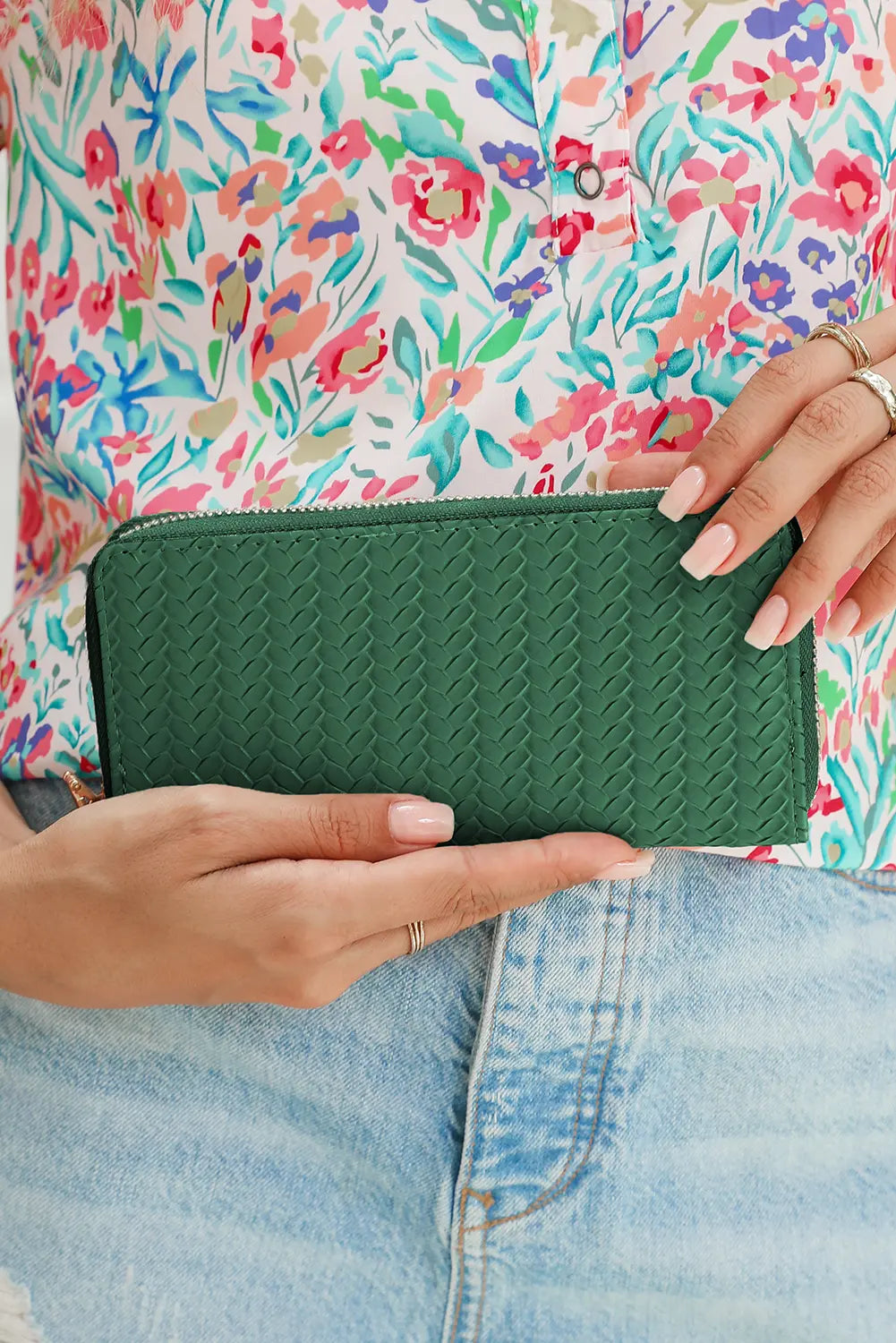 Woven Textured Zip Around Long Wallet