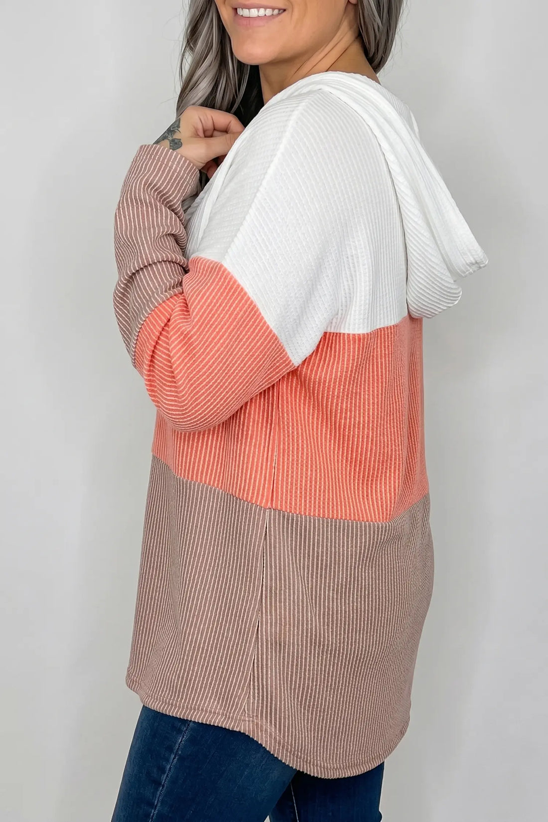 Ribbed Colourblock Hooded Pullover Long Sleeve Top – Gold Flame