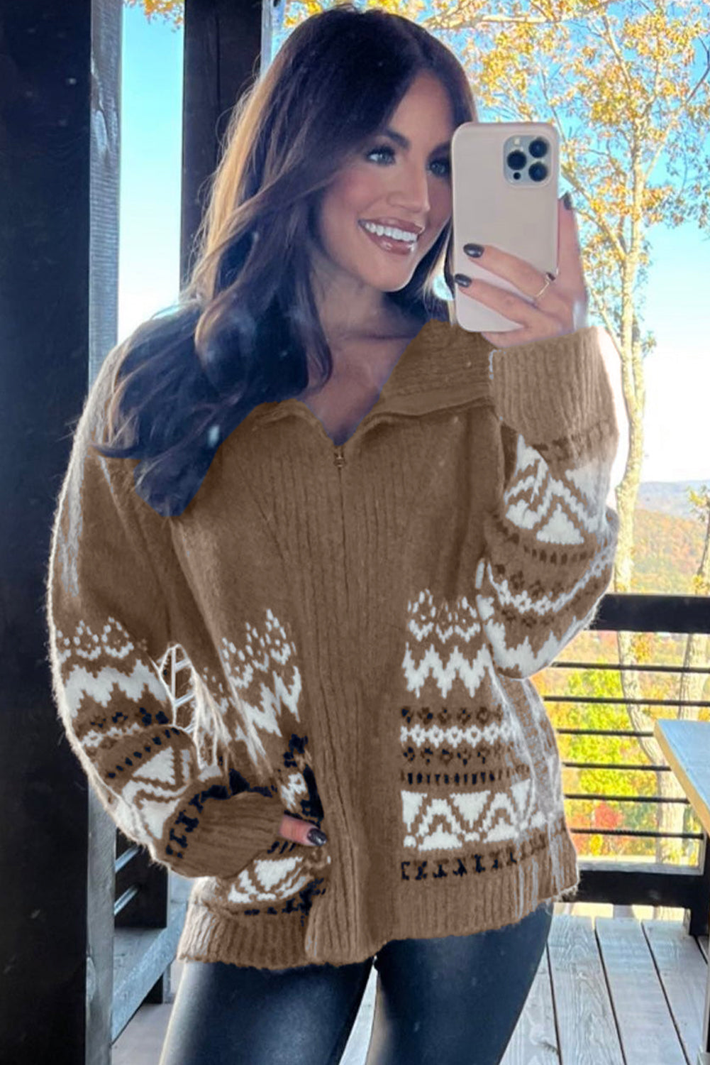 Brown Western Printed Ribbed Trim Collared Zip up Cardigan eAura