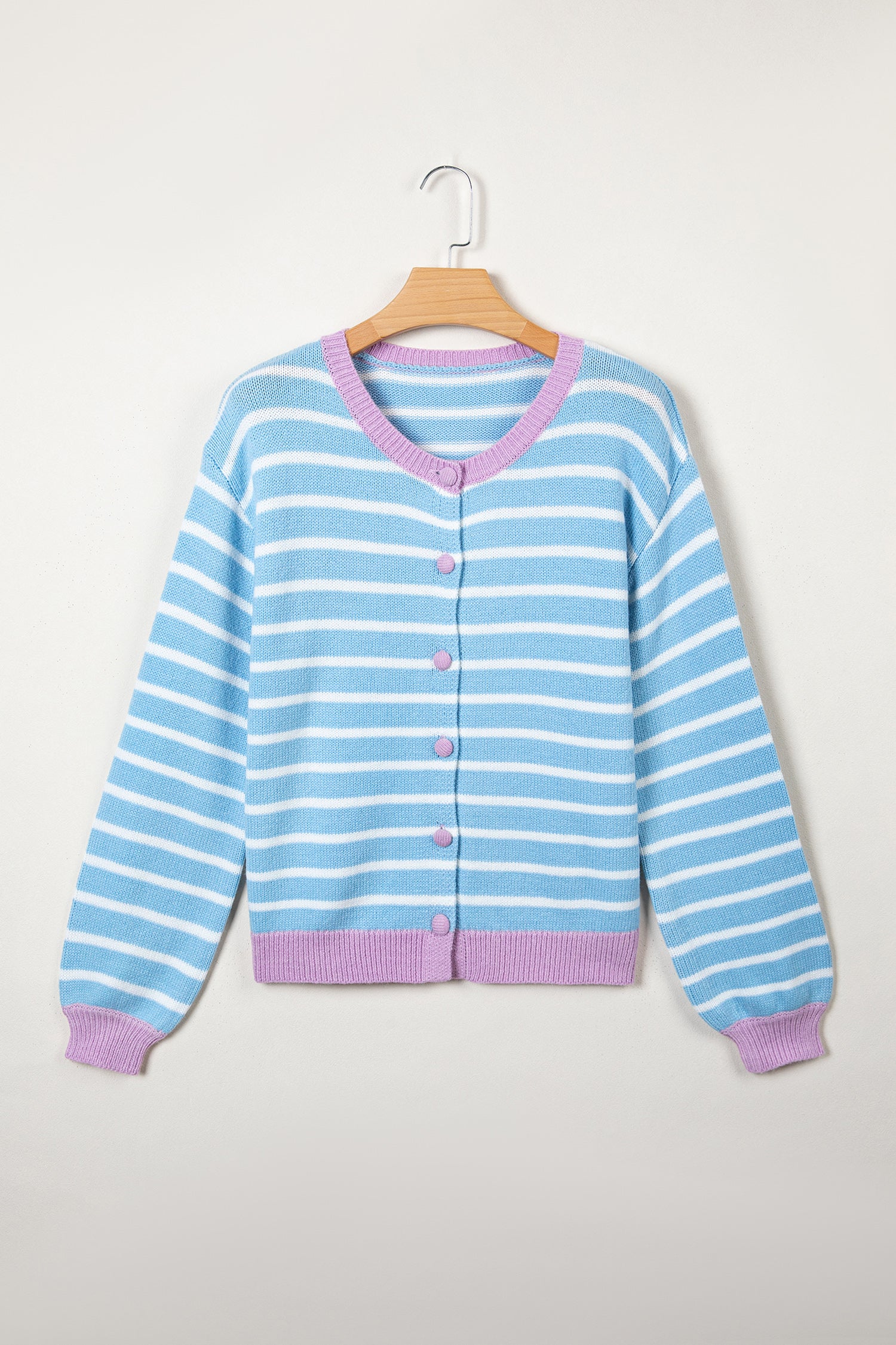 Contrast Trim Button Down Casual Sweater Cardigan – Sky Blue Stripe