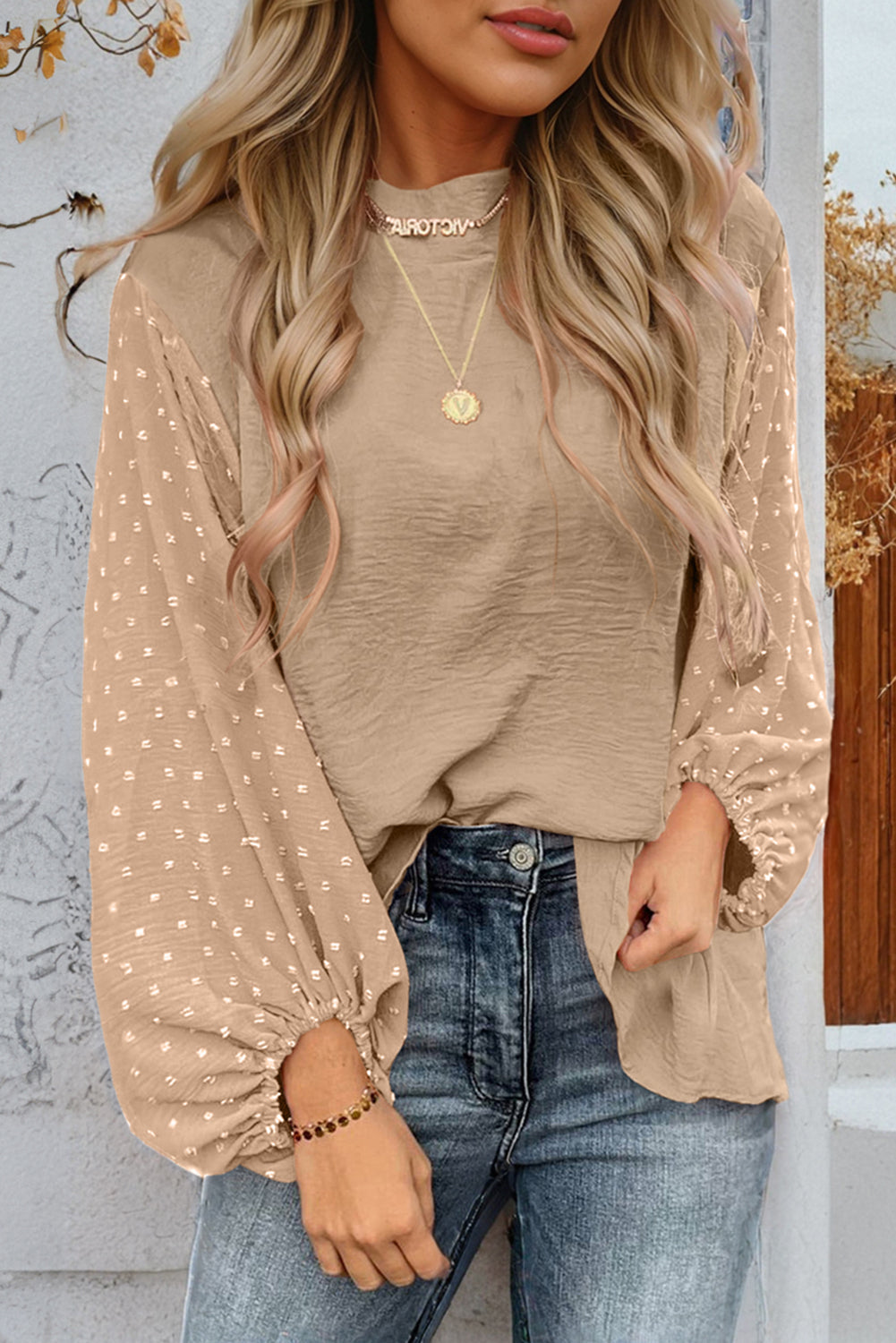 Parchment Swiss Dot Balloon Sleeve Loose Blouse eAura