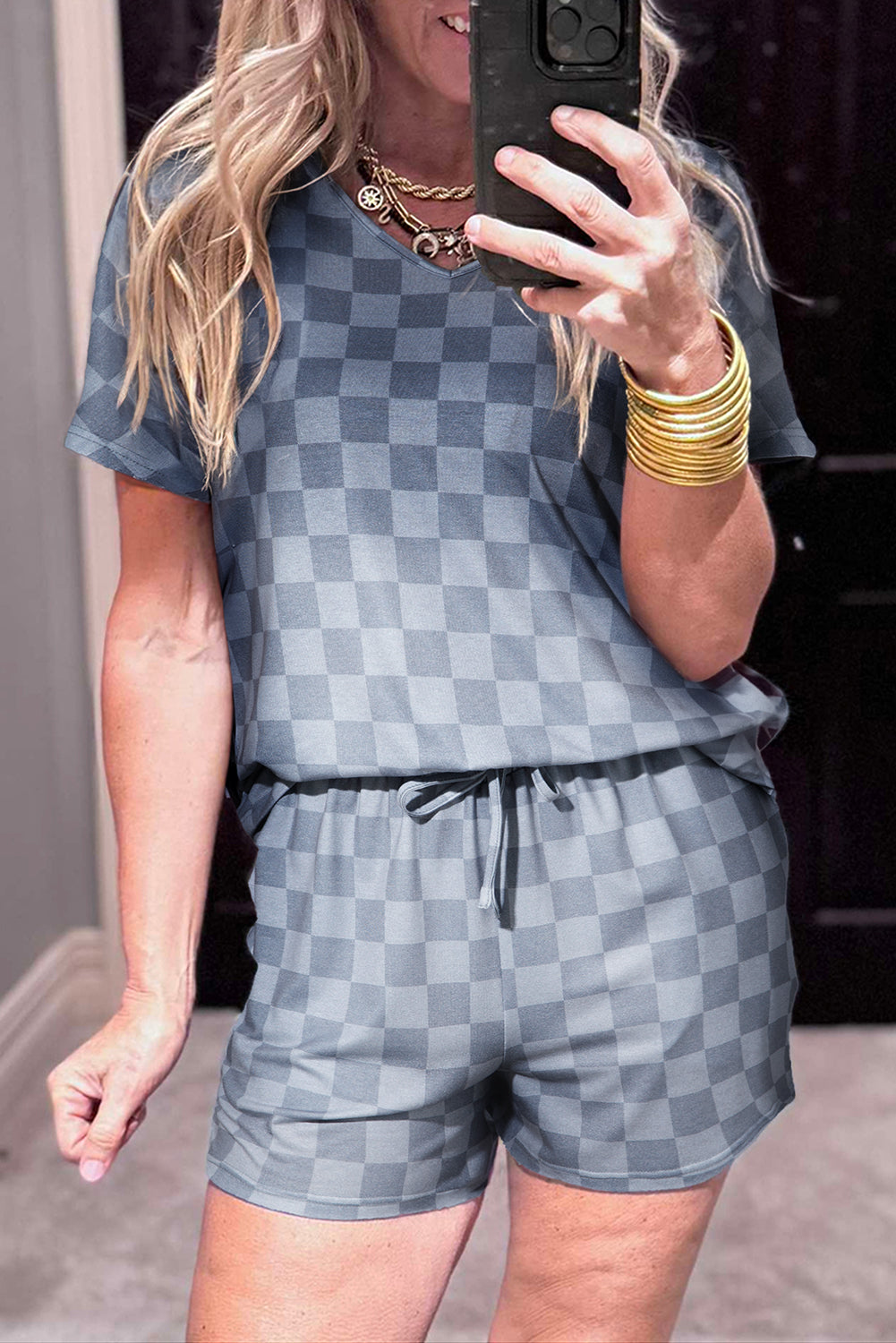 Grey Checkered V Neck Tee Drawstring Shorts Lounge Set eAura
