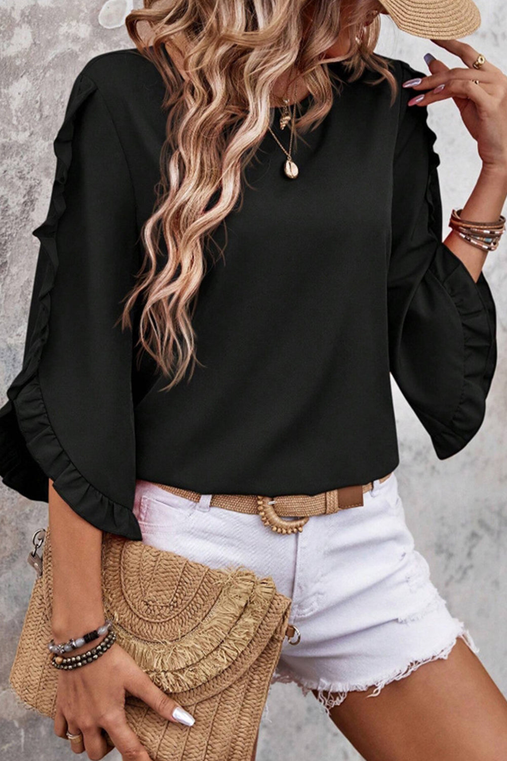 Ruffle Trimmed 3/4 Sleeve Round Neck Blouse eAura
