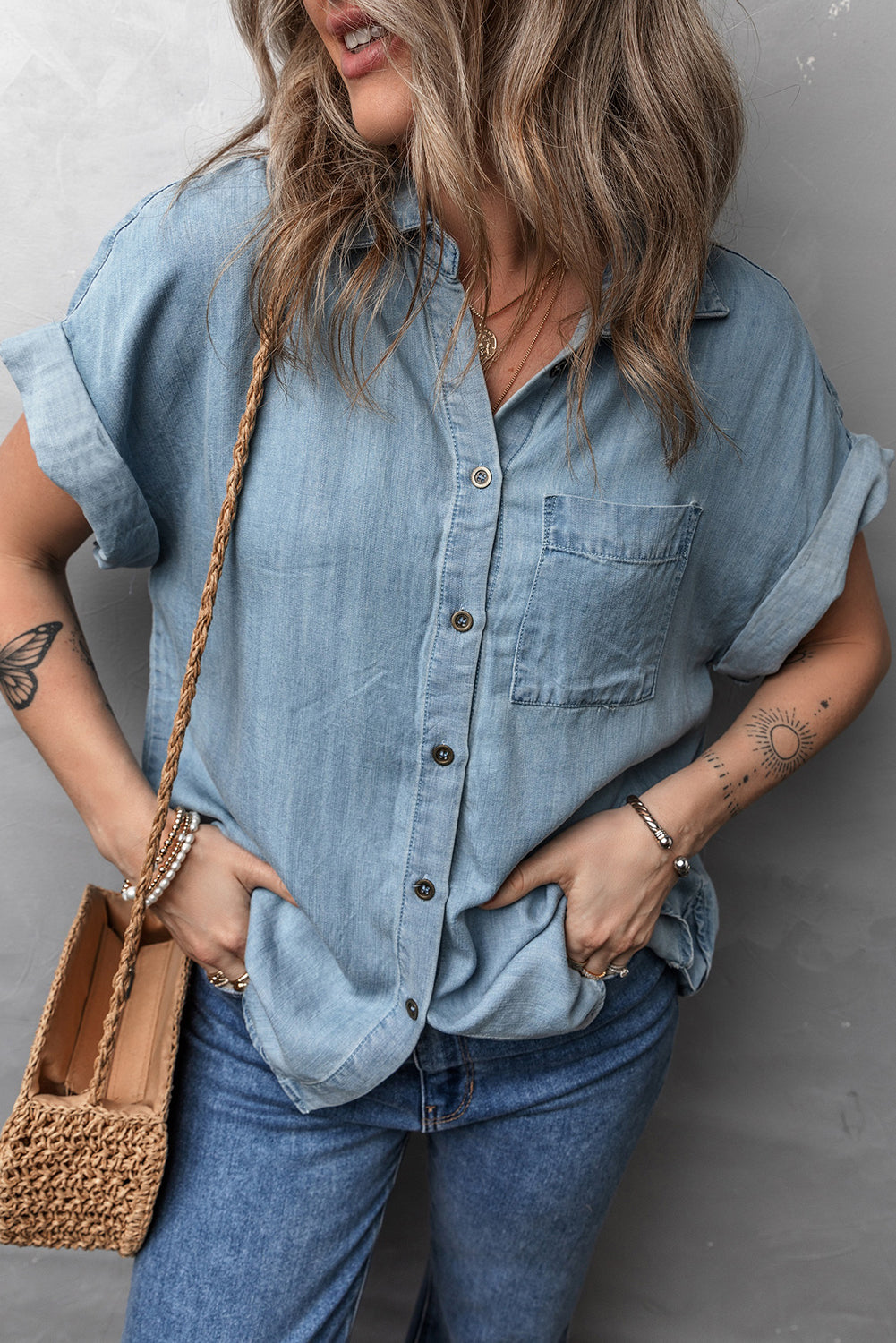 Dusk Blue Folded Short Sleeve Patched Pocket Denim Shirt eAura