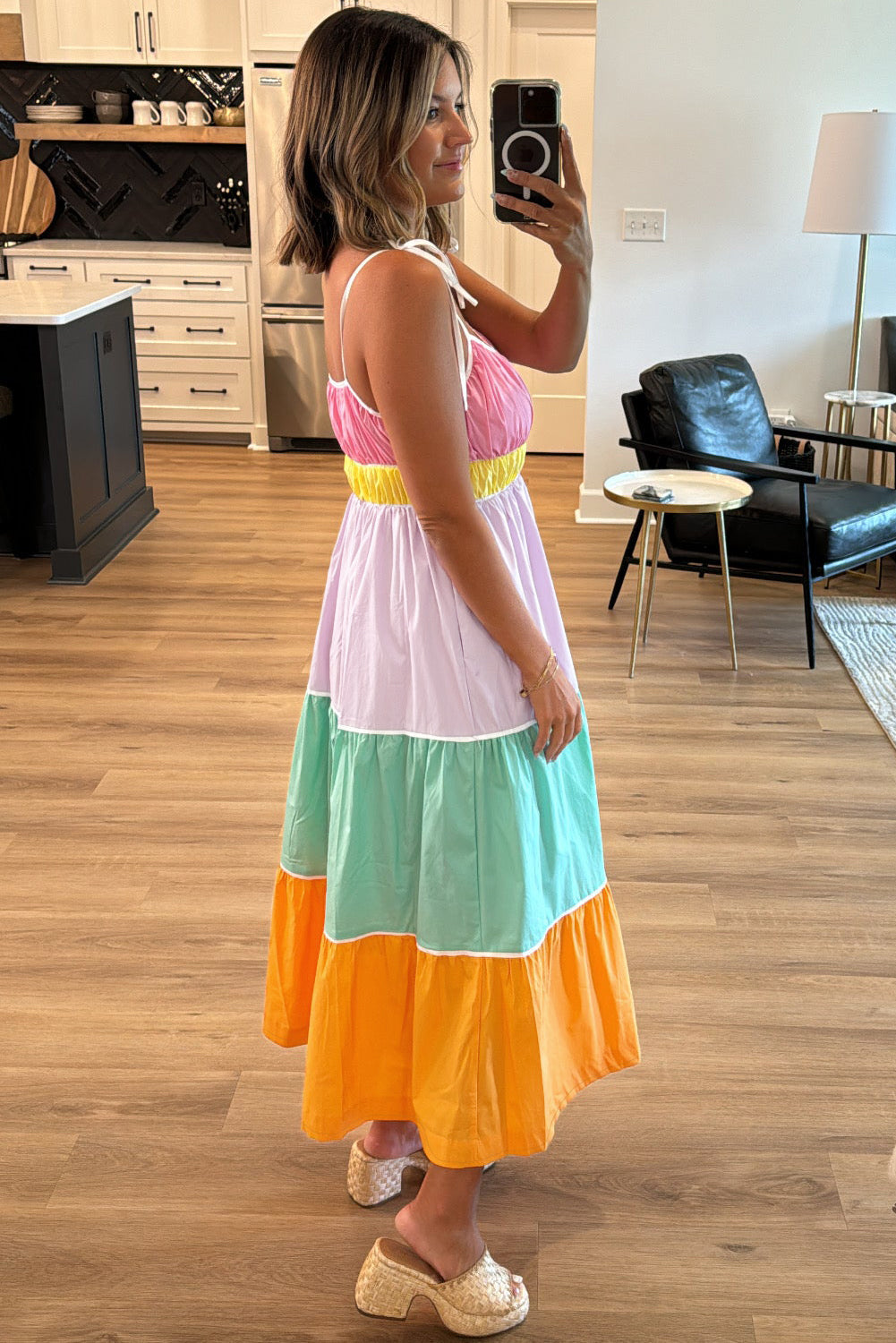 Multicolour Colourblock Self-tie Straps High Waist Flowy Maxi Dress with Pockets eAura