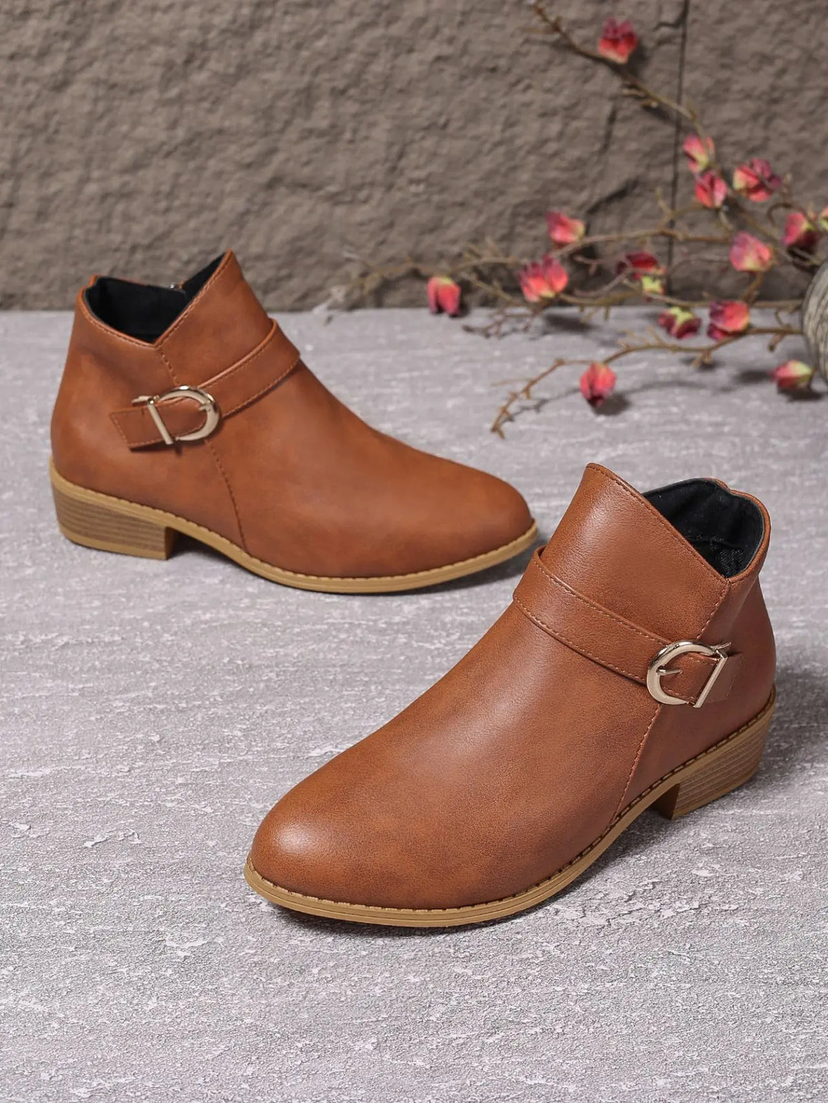 Light Brown buckle boots, side angle