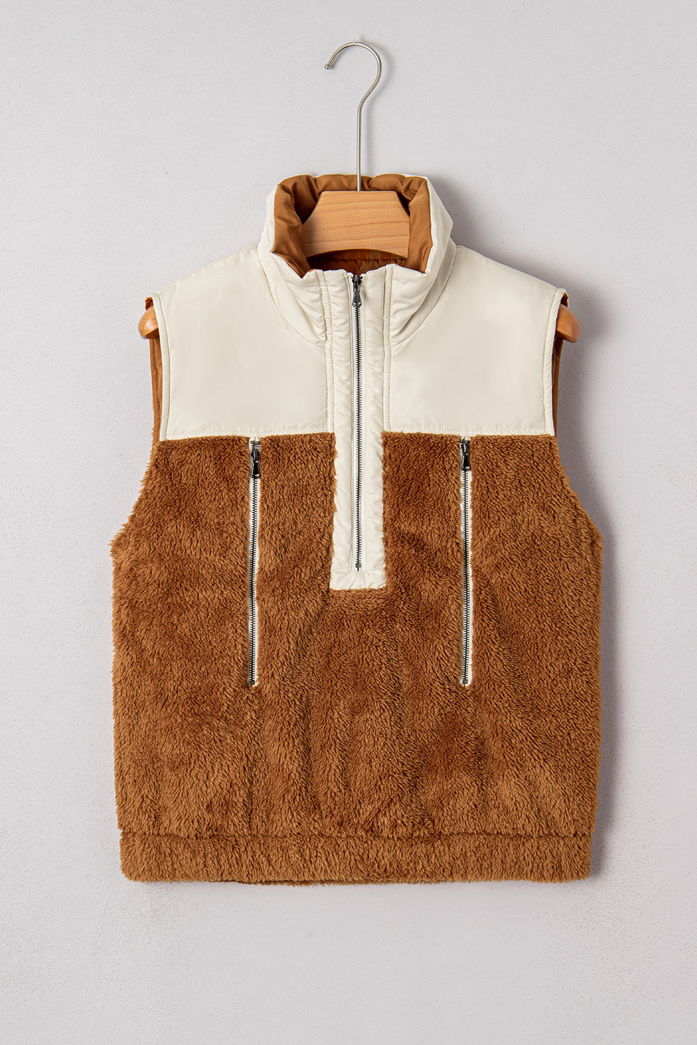 Plush Patchwork Zip Stand Neck Vest - eAura
