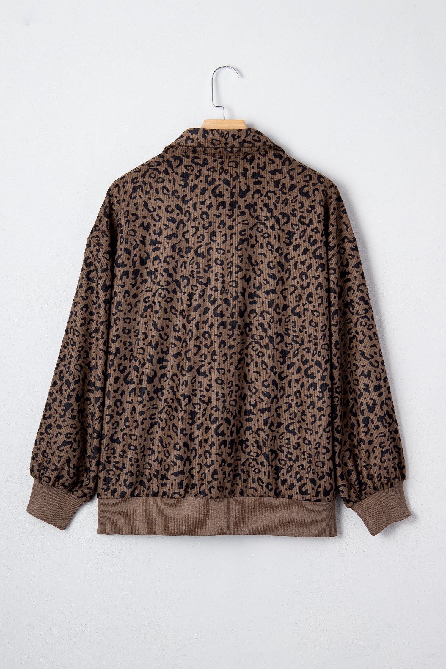 Leopard Print Quarter Zip Soft Corduroy Sweatshirt - Tops/Sweatshirts & Hoodies