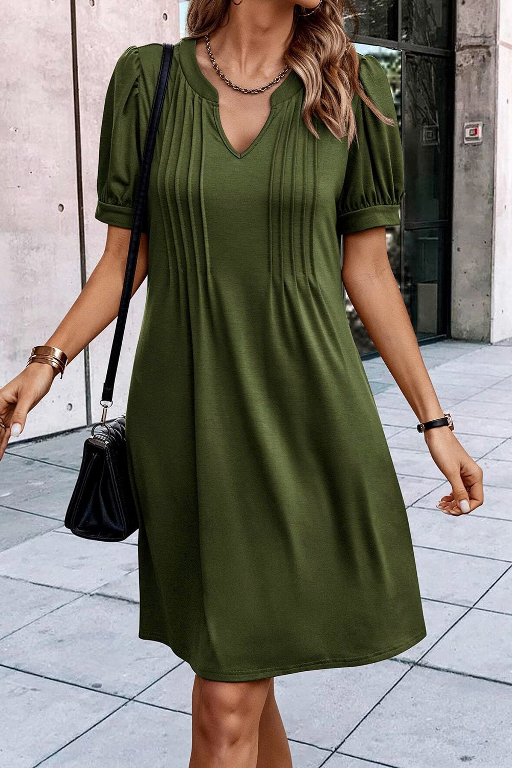 Fern Green Notched Neck Pleated Puff Sleeve Shift T-shirt Dress eAura