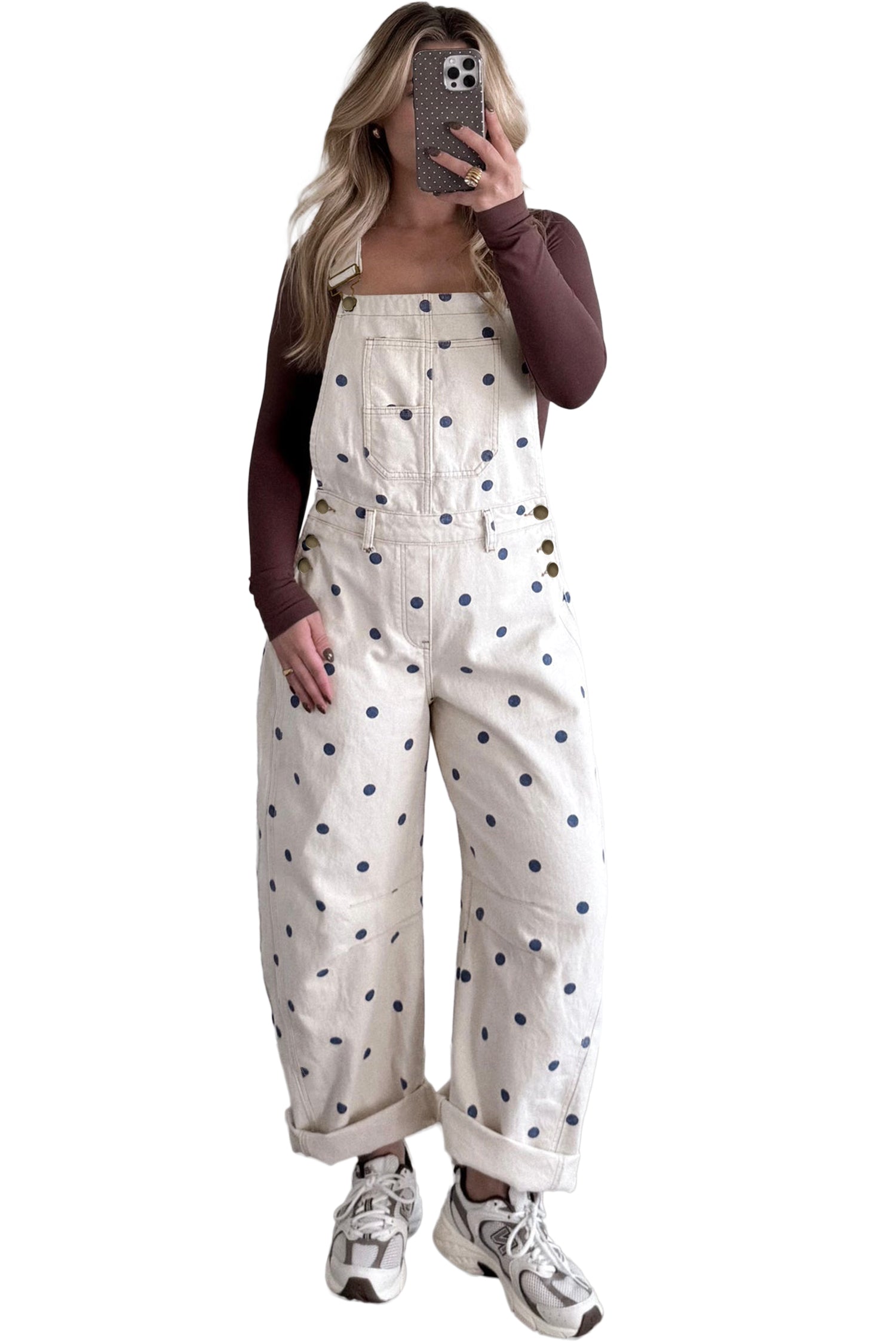 Polka Dot Print Bib Pocket Denim Barrel Overalls