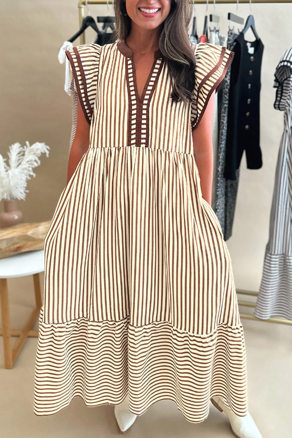 Striped Double Ruffled Short Sleeve Contrast Trim V-Neck Midi Dress