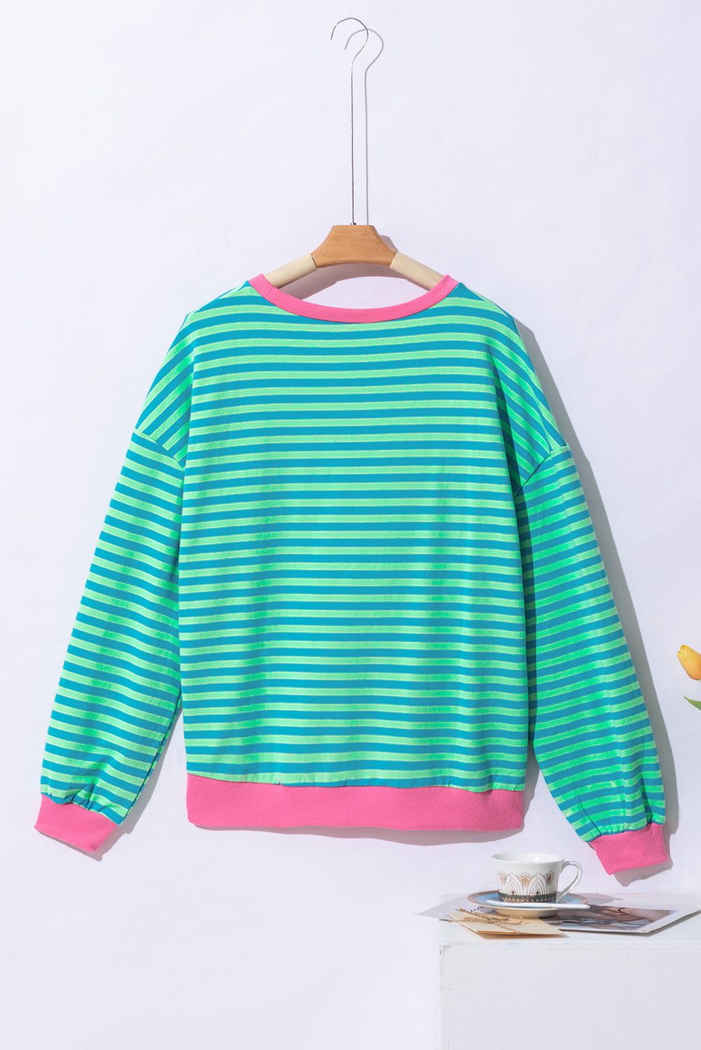Sky Blue Stripe Oversized Contrast Trim Pullover Sweatshirt BB Fashion Outlet