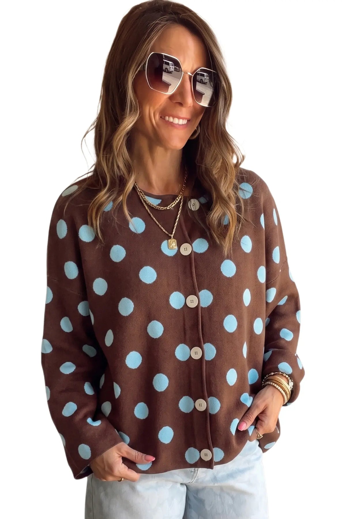 Cardigan Polka Dot Button Down Dropped Shoulder Shift