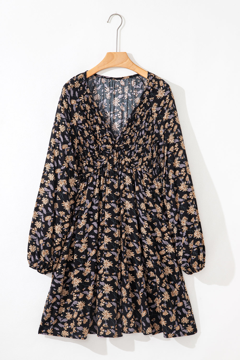 Beige Floral Deep V Neck Smocked Bust Bubble Sleeve Babydoll Dress eAura