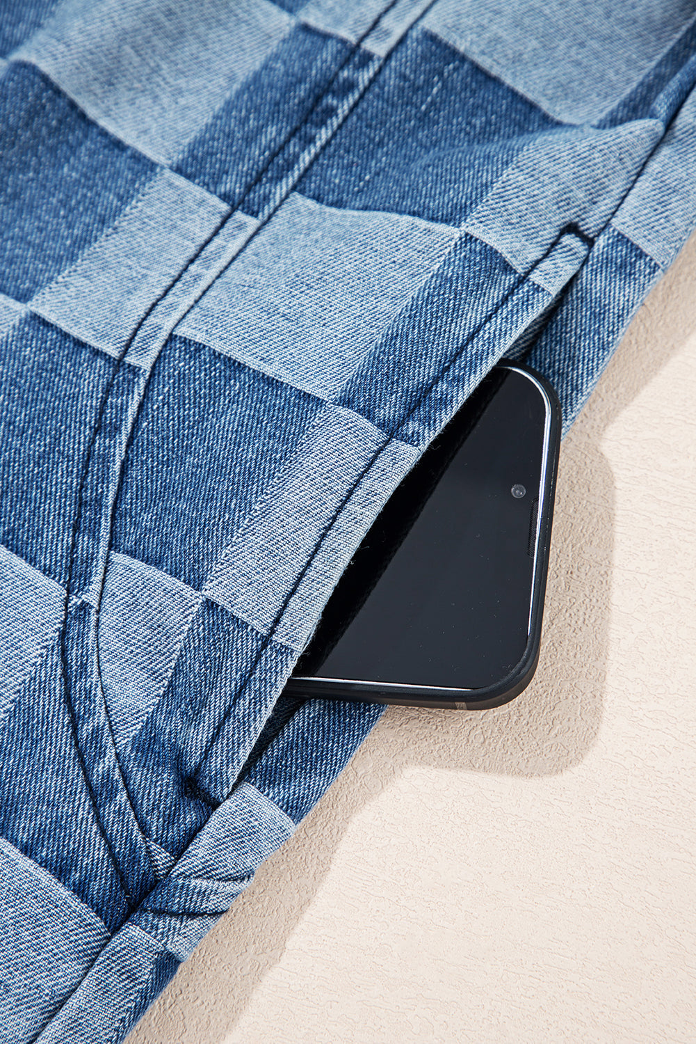 Checkerboard Zip Neck Kangaroo Pocket Denim Hoodie - eAura