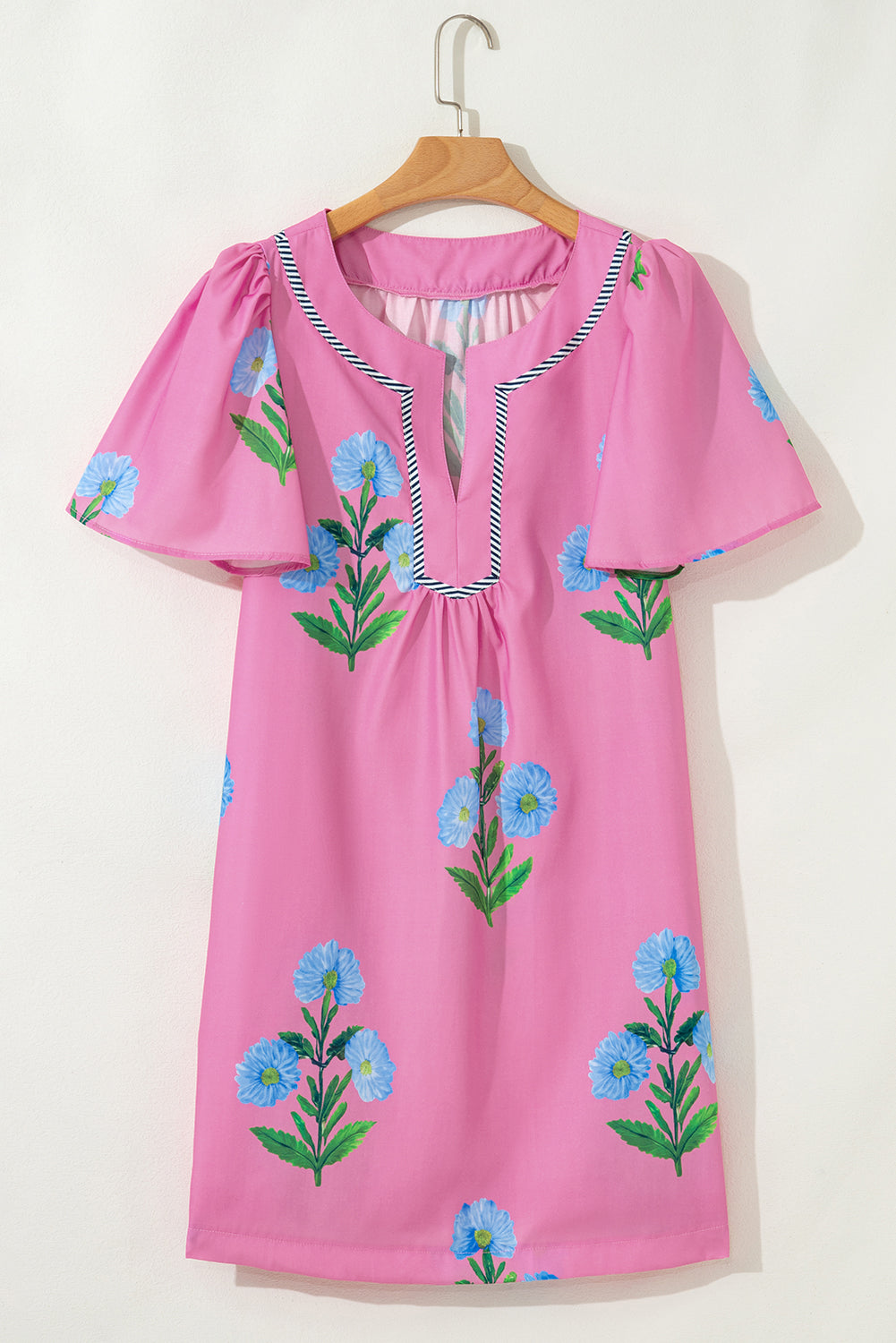 Floral Short Sleeve Split Neck Loose Mini Dress eAura