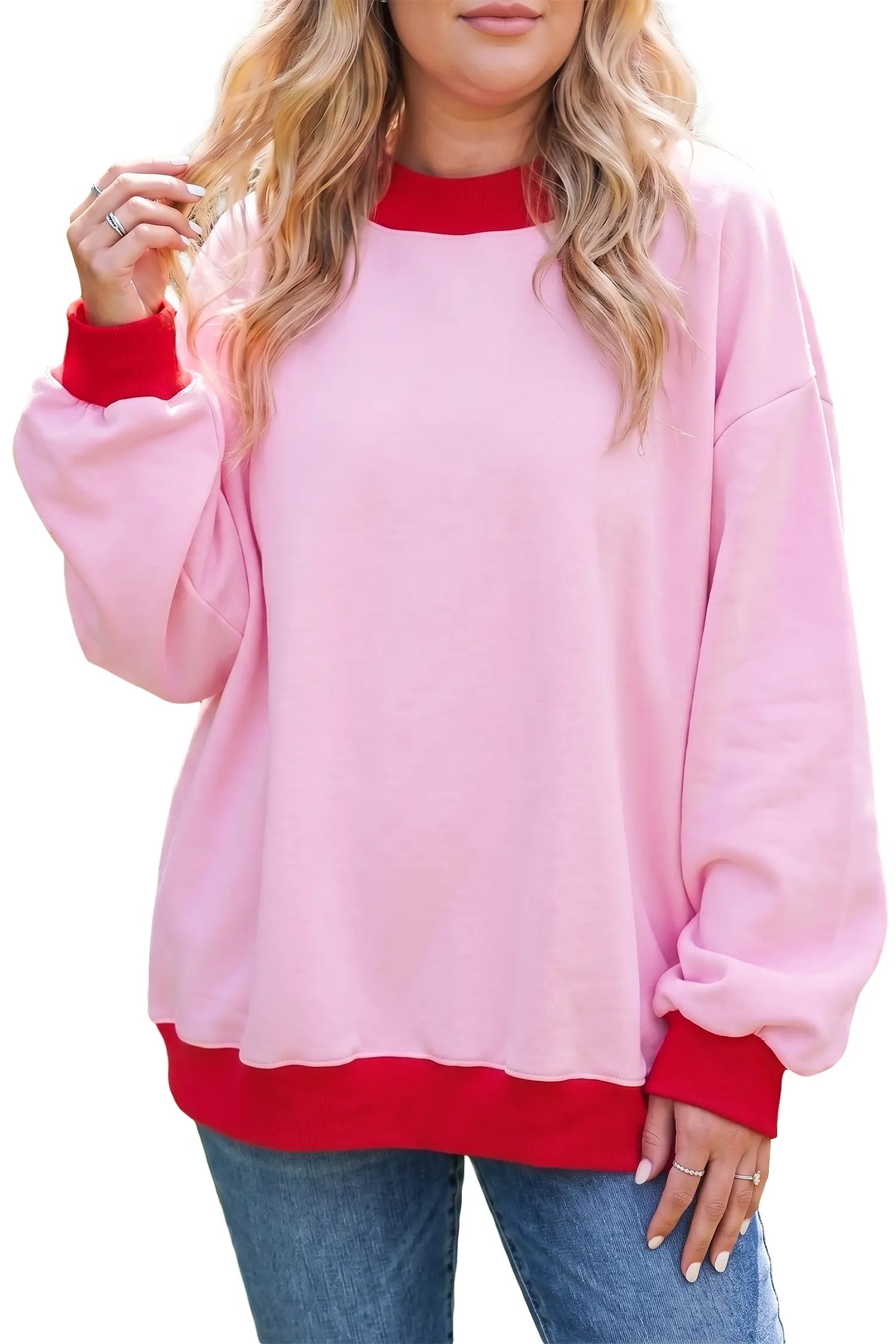 Color Block Contrast Trim Plus Size Sweatshirt – Pink
