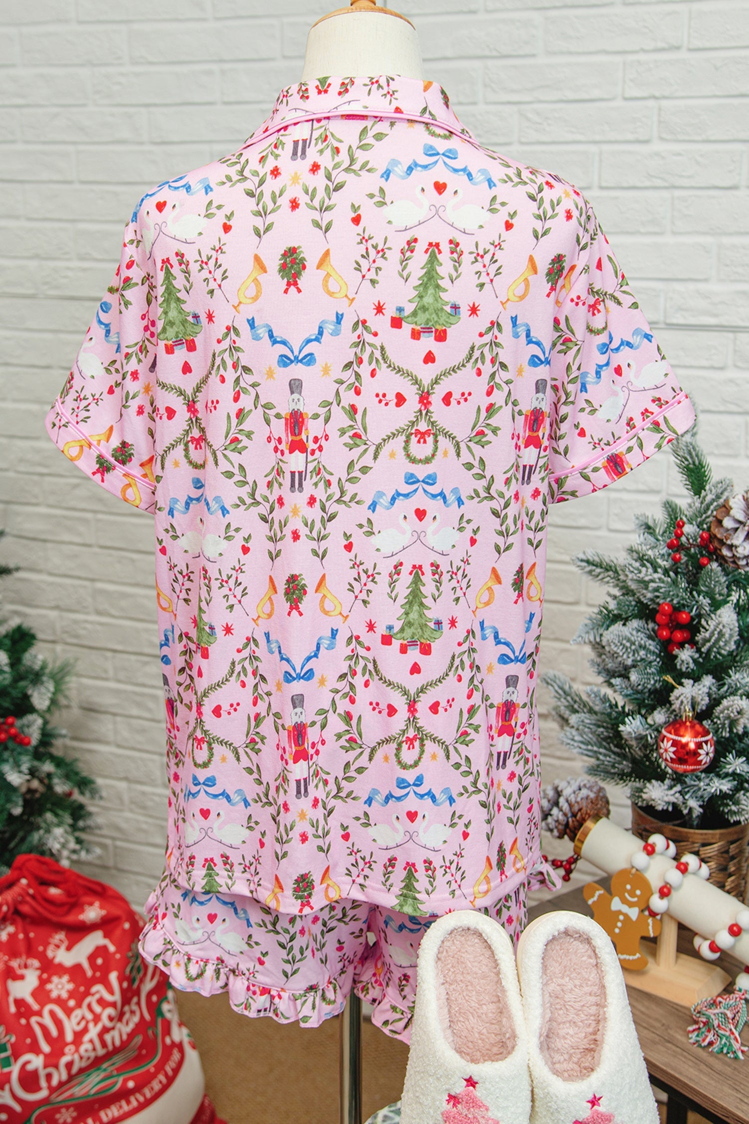Nutcracker Doll Christmas Print Ribbon Tie Waist Short 2pcs Pajama Set - Loungewear & Sleepwear/Sleepwear