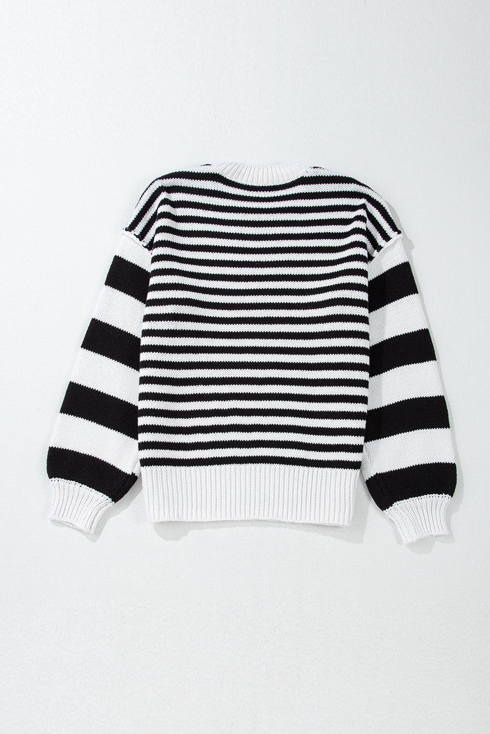 Black white Striped Drop Shoulder Bishop Sleeve Knit Sweater eAura